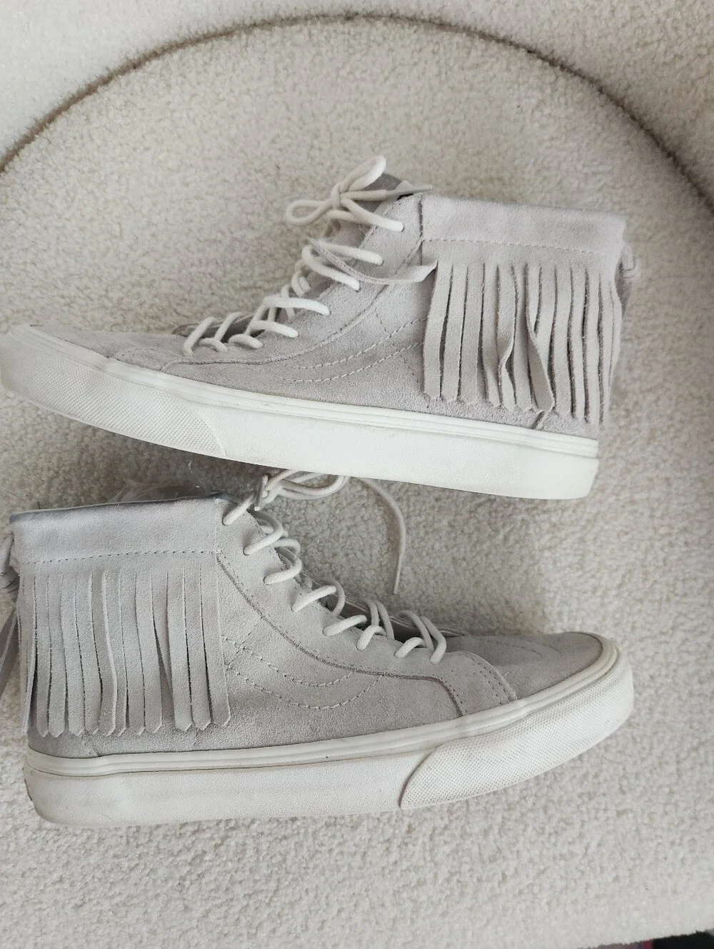 Vans Sk8 Moccasin White Suede Fringe High top Sneaker W sz 8.6